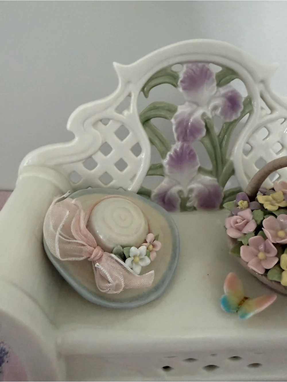 Vintage Style Porcelain Garden Bench Figurine with Flowers, Hat & Basket